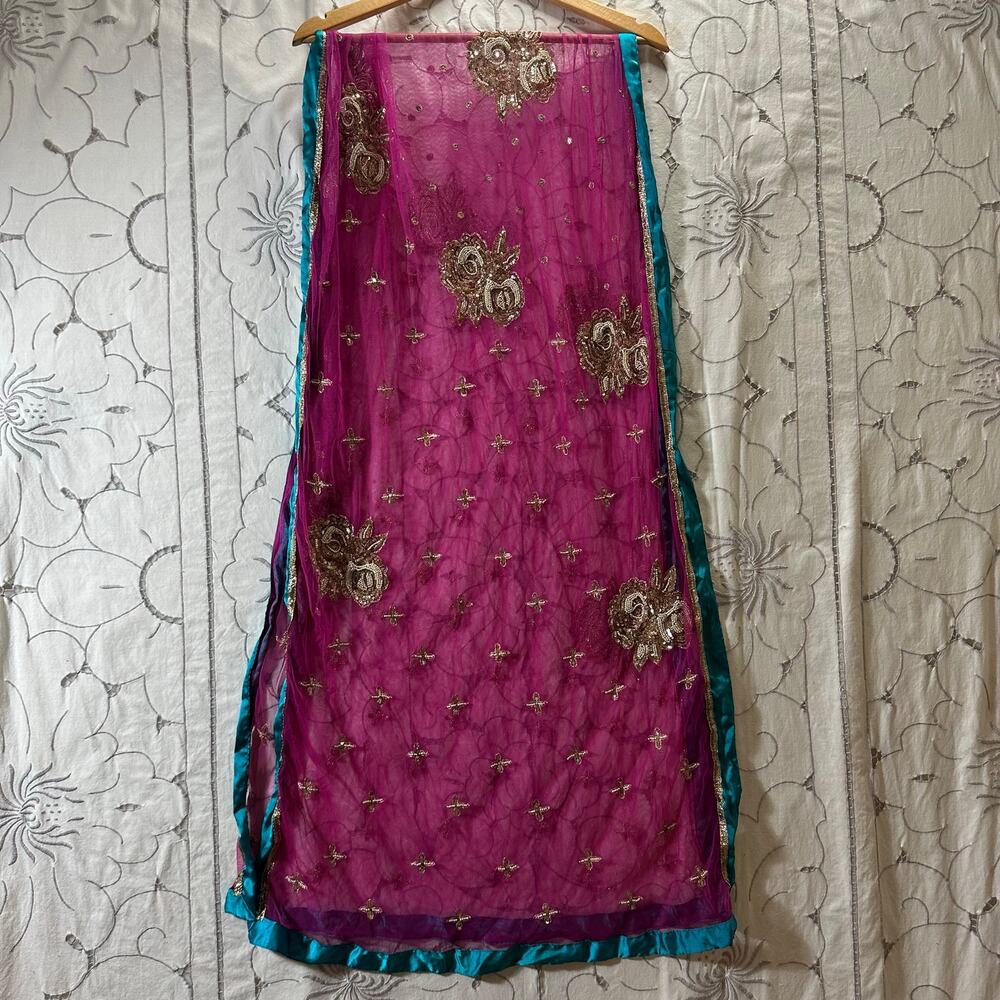Sheer Embellished Pink & Teal Dupatta Scarf Shawl Bollywood Formal